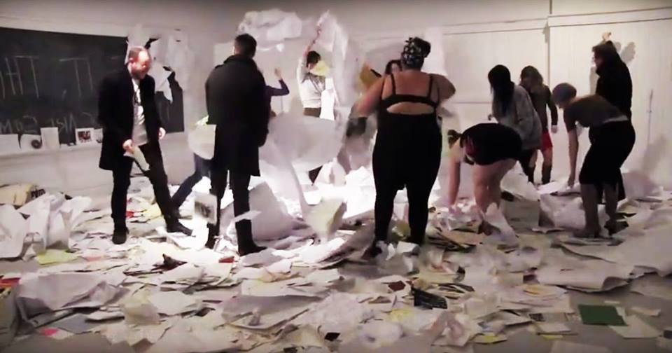 lo bil: https://youtu.be/FlZMij9igTs "Another Way to Organize the Archive" Still from video documentation by Adriana Disman from the end of "The Clearing" an 11-hour performance installation that took place on November 1, 2014 as part of the 7a*11d International Festival of Performance Art. — with Lo Bil. lo bil: https://youtu.be/FlZMij9igTs "Another Way to Organize the Archive" Still from video documentation by Adriana Disman from the end of "The Clearing" an 11-hour performance installation that took place on November 1, 2014 as part of the 7a*11d International Festival of Performance Art. — with Lo Bil.