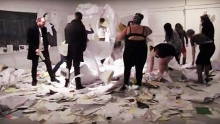 lo bil: https://youtu.be/FlZMij9igTs "Another Way to Organize the Archive" Still from video documentation by Adriana Disman from the end of "The Clearing" an 11-hour performance installation that took place on November 1, 2014 as part of the 7a*11d International Festival of Performance Art. — with Lo Bil. lo bil: https://youtu.be/FlZMij9igTs "Another Way to Organize the Archive" Still from video documentation by Adriana Disman from the end of "The Clearing" an 11-hour performance installation that took place on November 1, 2014 as part of the 7a*11d International Festival of Performance Art. — with Lo Bil.